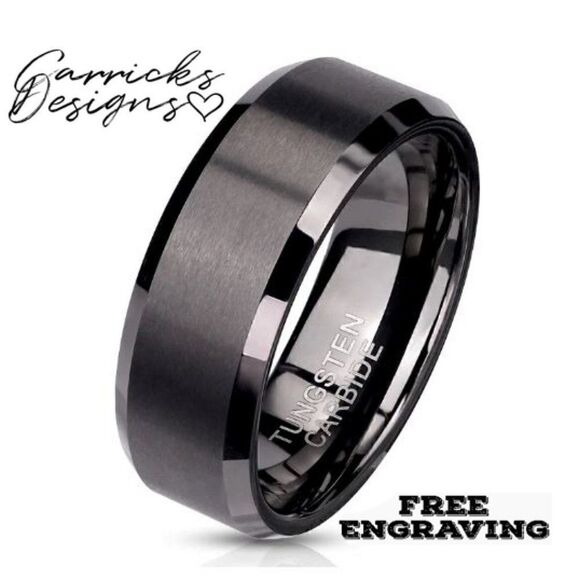Engraved Men's Real Matte Black Tungsten Wedding Ring  Durable Black Powder Coat - Picture 8 of 8